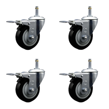 Service Caster 4'' Black Polyurethane Swivel 7/16'' Stem Caster Set with Total Lock Brake, 4PK SCC-GRTTL20S414-PPUB-BLK-716138-4